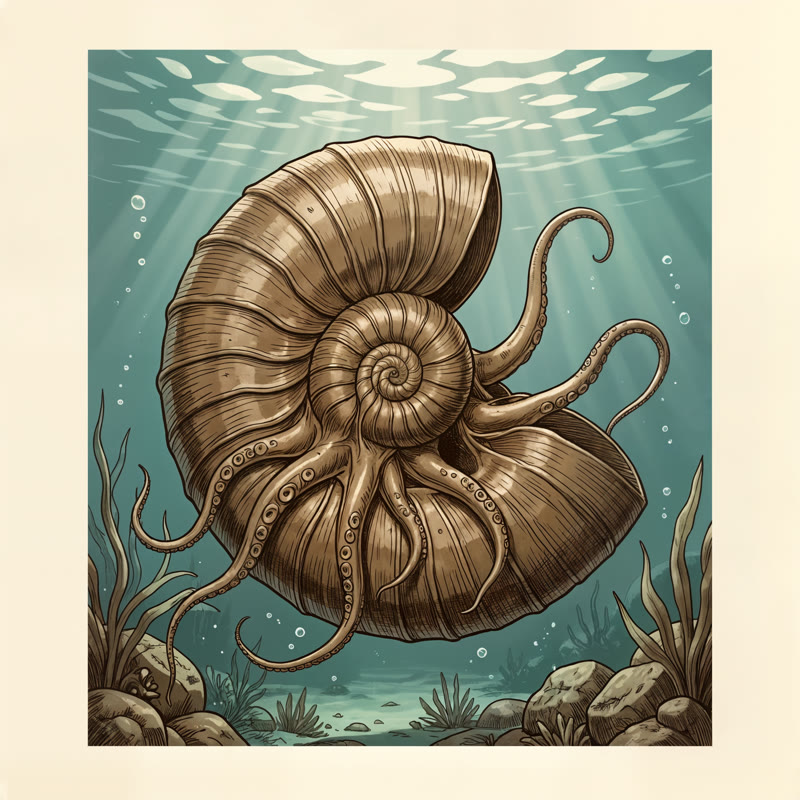 Scientific reconstruction of a living ammonite with tentacles extended from its coiled shell