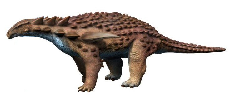 Life restoration of Borealopelta walking low to the ground with shoulder spikes and banded armor