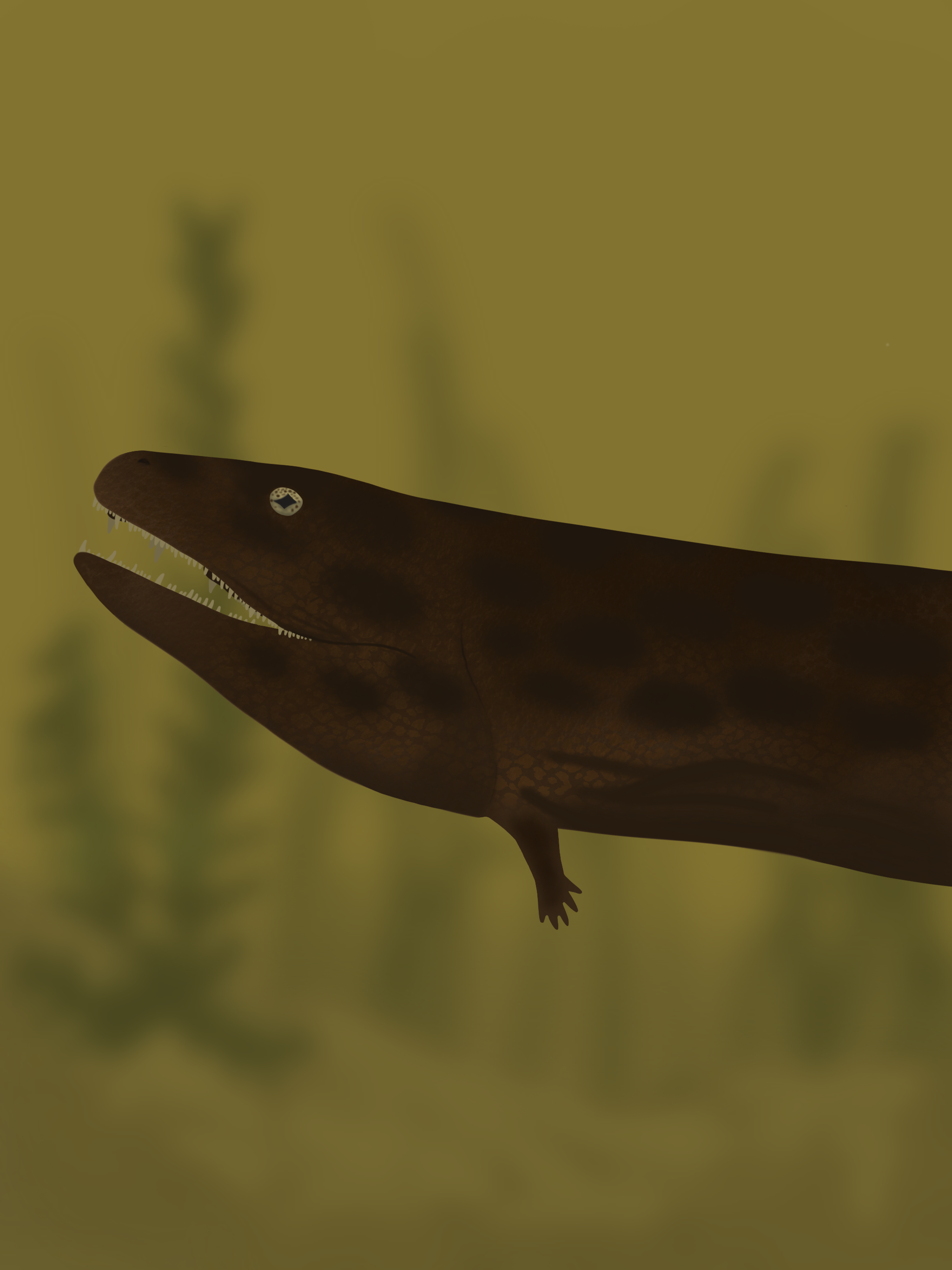 Reconstruction of Crassigyrinus scoticus showing its elongated body and reduced limbs