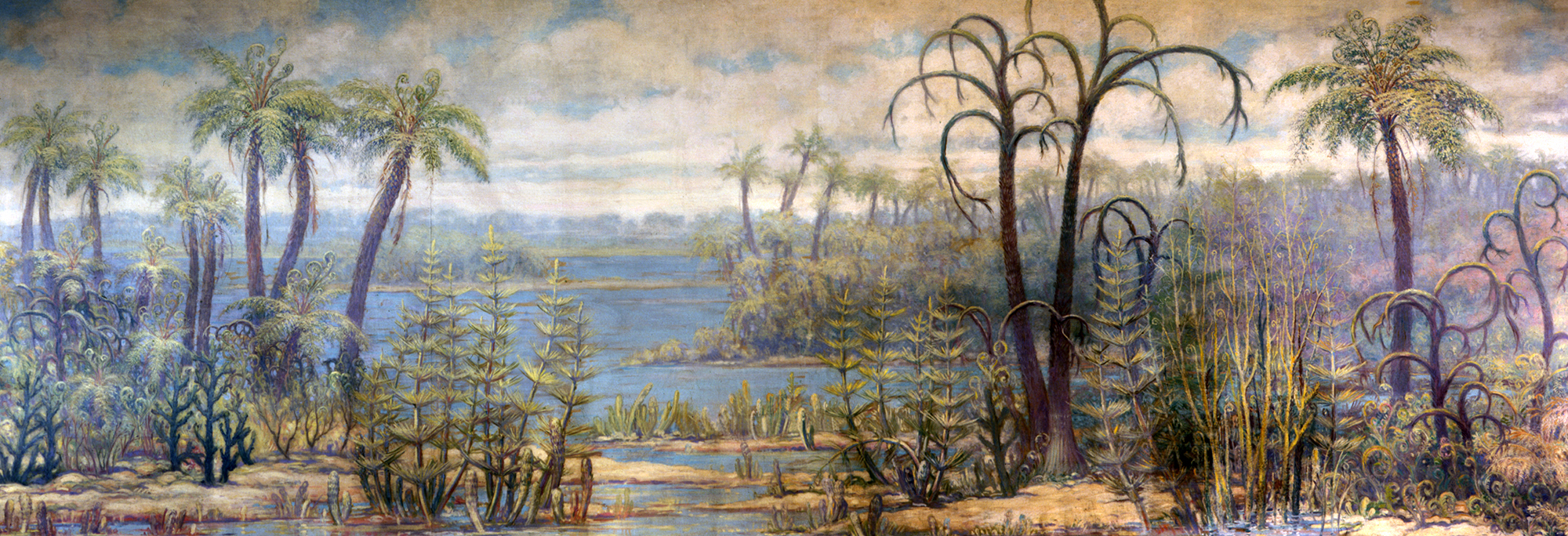 Charles Knight painting of an early Devonian landscape with primitive land plants