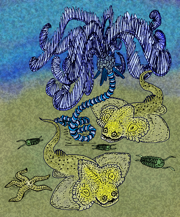 Vintage mural of Devonian seas filled with armored fish and invertebrates