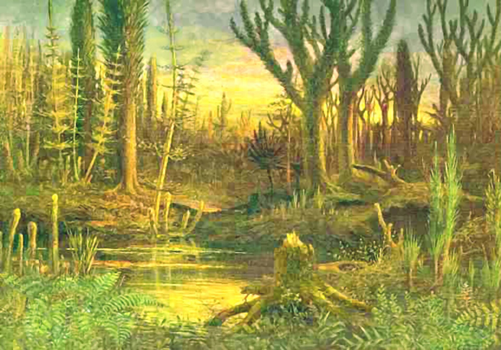 Early Devonian landscape with tall Prototaxites columns rising above small pioneer plants