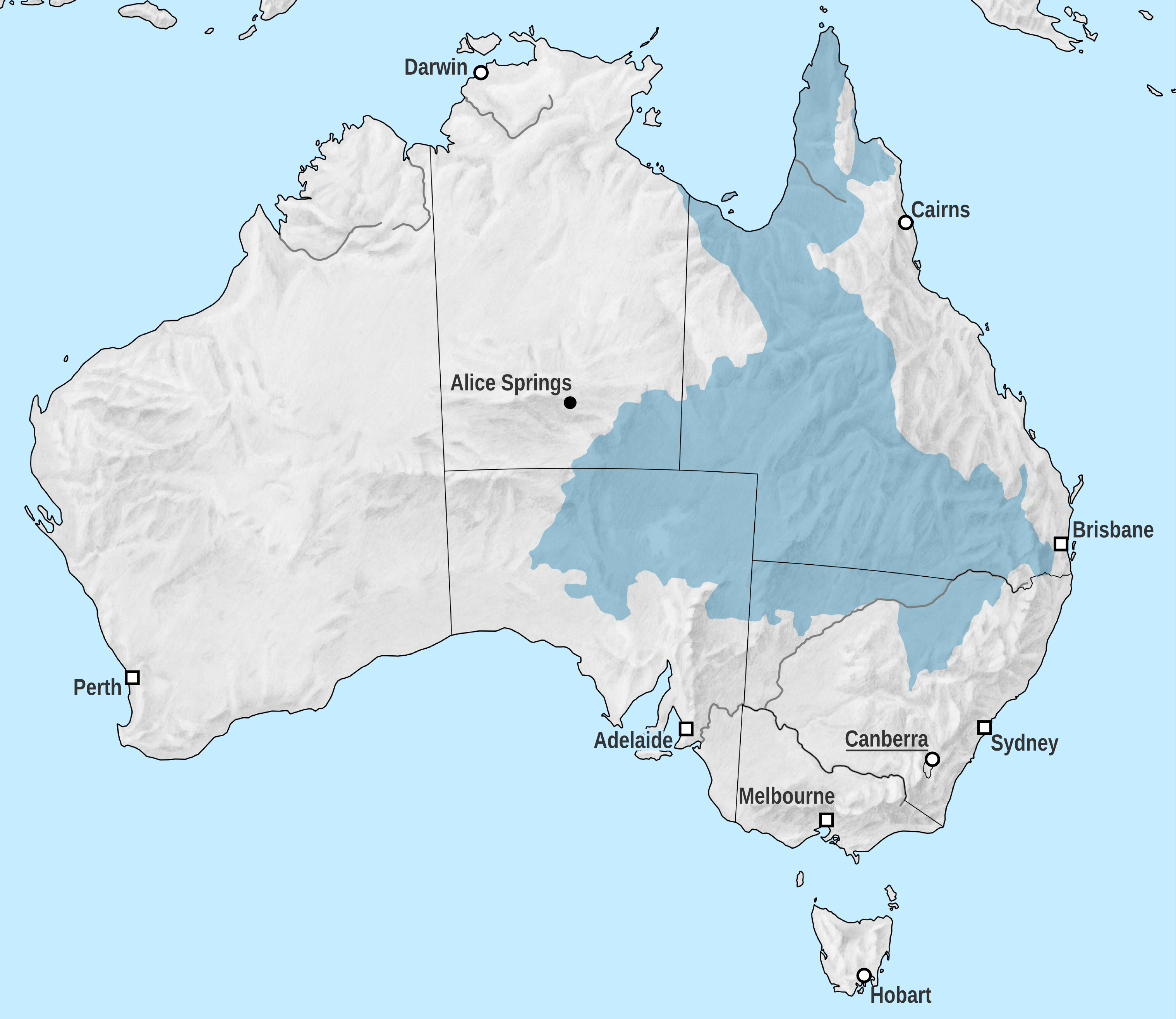 Map of the Great Artesian Basin showing its extent across Queensland, New South Wales, South Australia and the Northern Territory