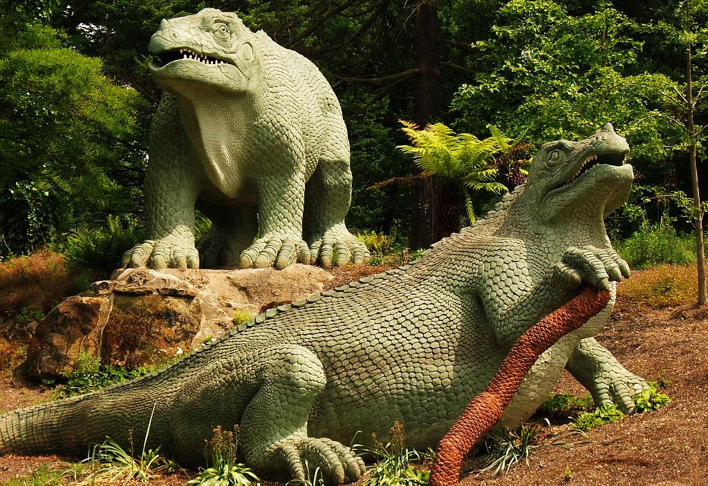 Victorian Crystal Palace Iguanodon statue with a horn wrongly placed on its nose