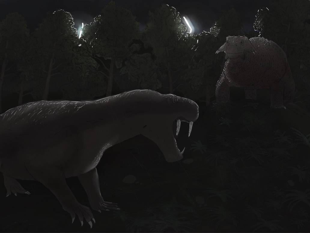 Inostrancevia attacking Scutosaurus, gorgonopsid scene