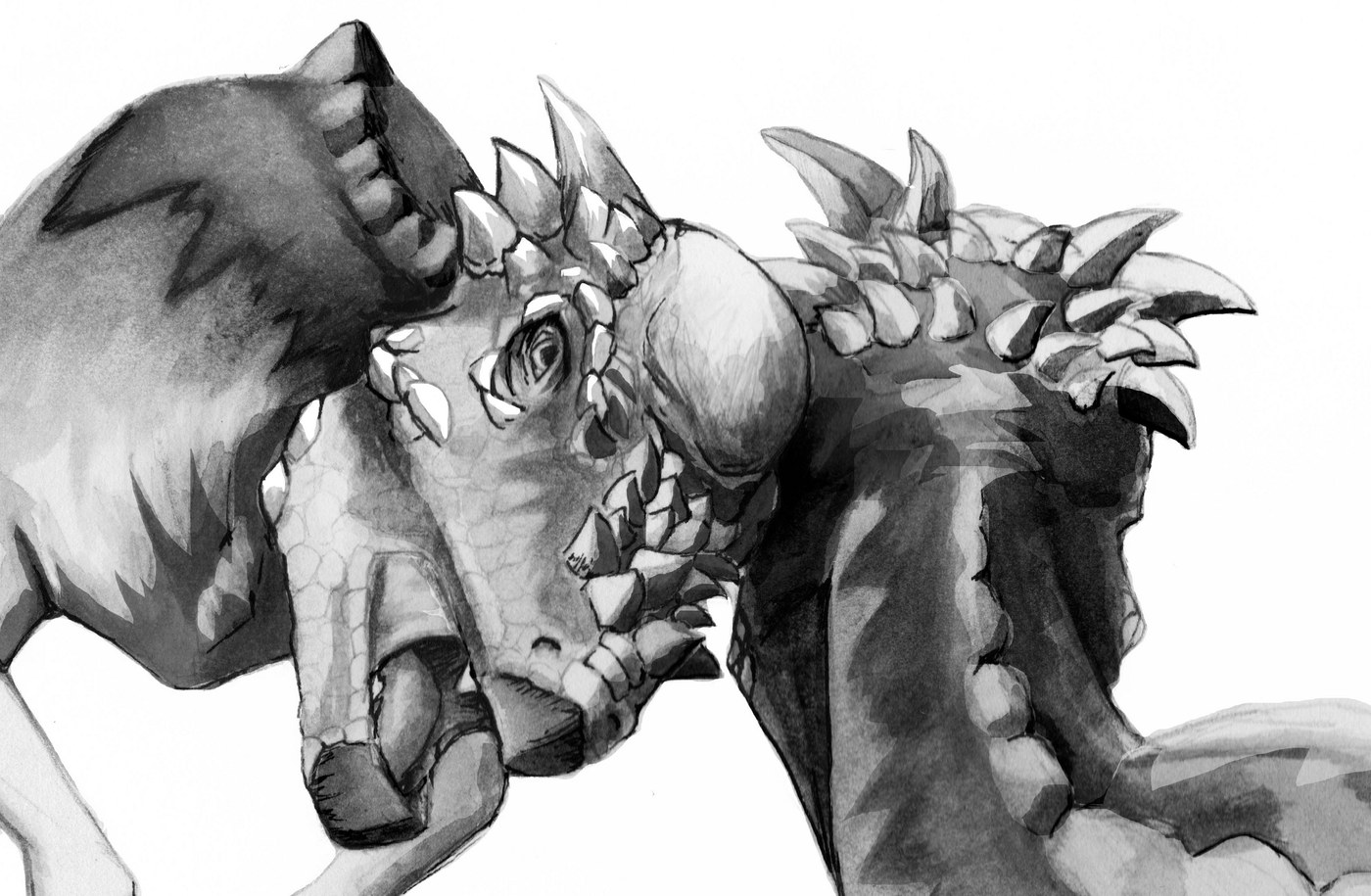 Paleoart of two subadult Pachycephalosaurus pressing domes together in a dominance contest
