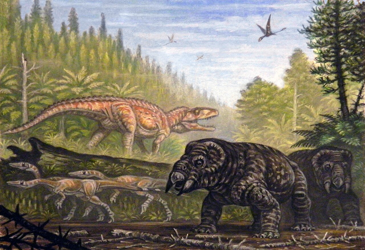 Life restoration of the Late Triassic Dockum fauna with Placerias, Coelophysis and the predator Postosuchus