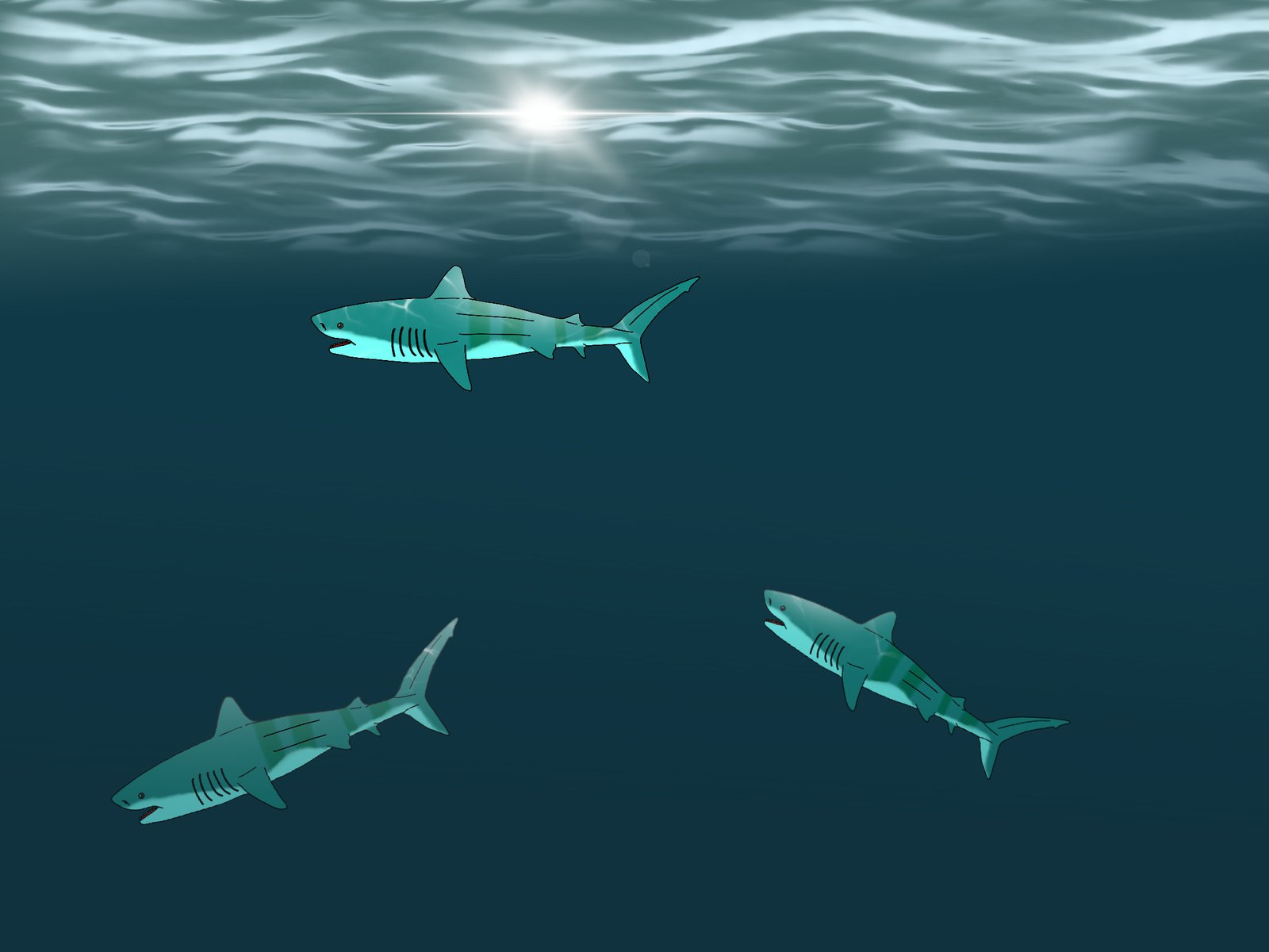 Three Ptychodus sharks cruising through a sunlit Cretaceous sea