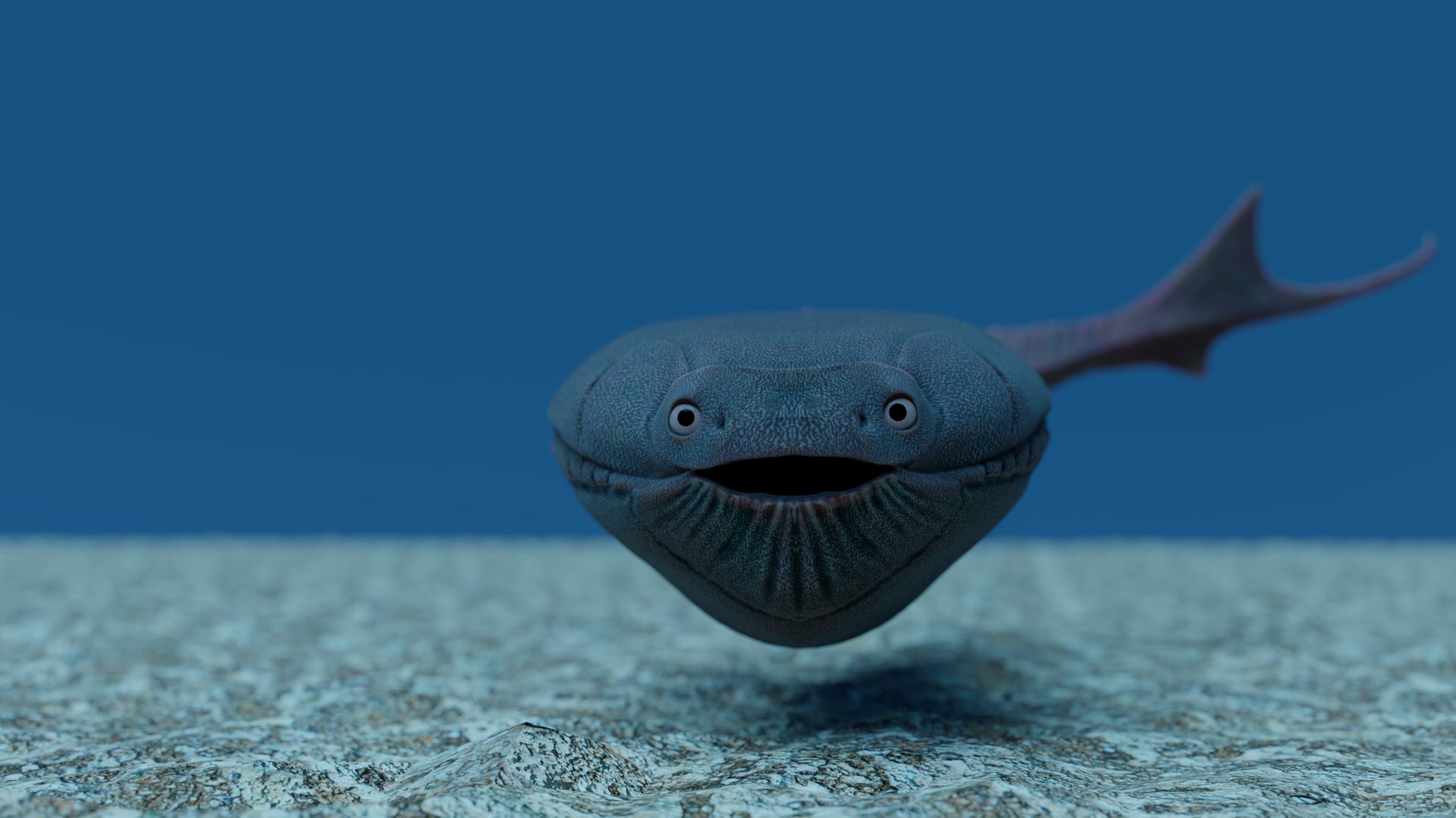 Life reconstruction of Sacabambaspis, an armored jawless fish with a wide-eyed head shield, swimming in the Ordovician sea