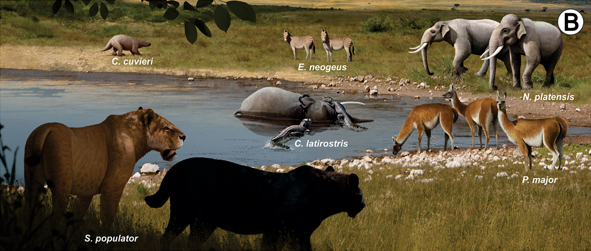 Artistic reconstruction of Smilodon stalking a prehistoric horse on the Pleistocene plains