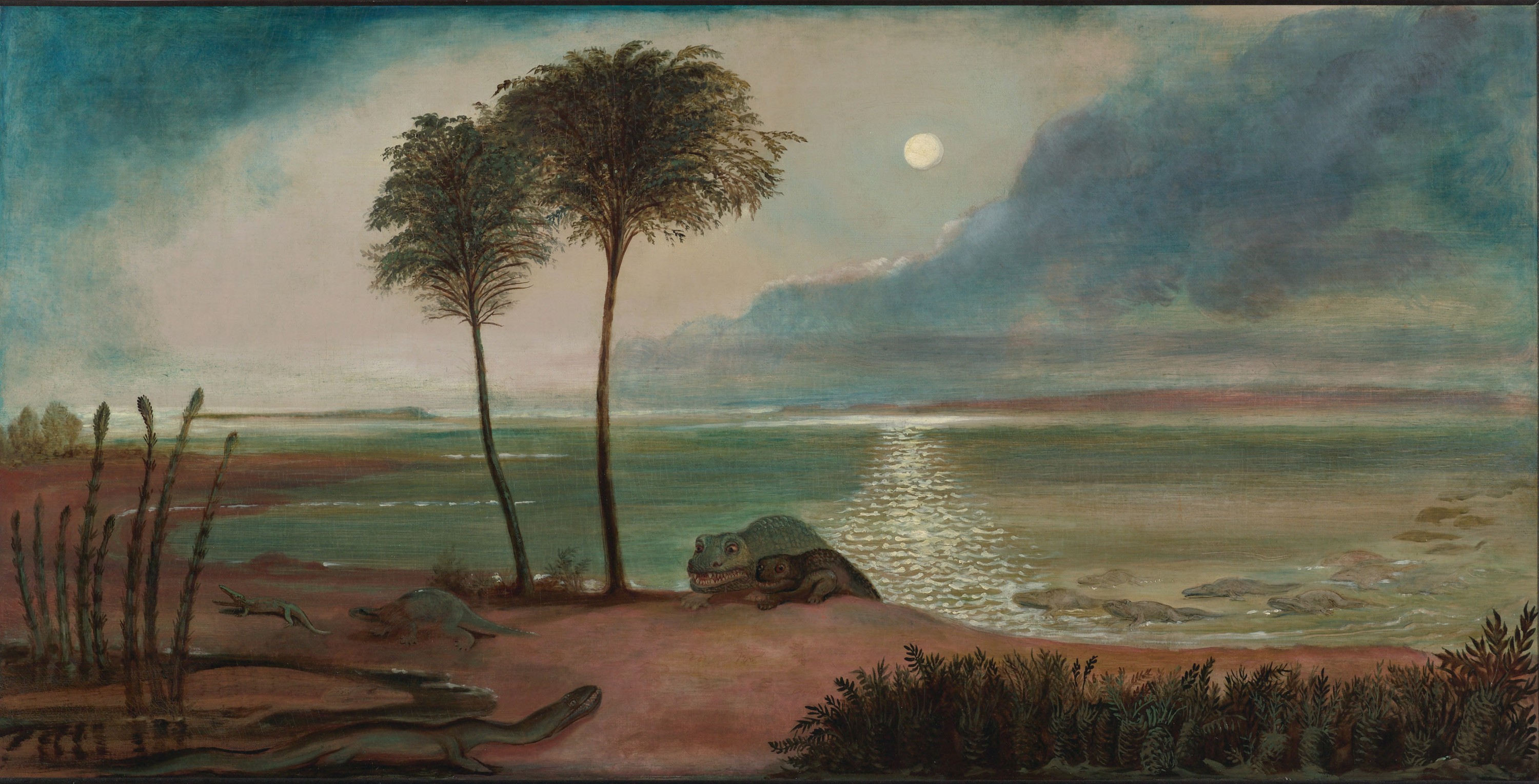 19th century painting depicting Triassic Germany with prehistoric reptiles and early dinosaurs