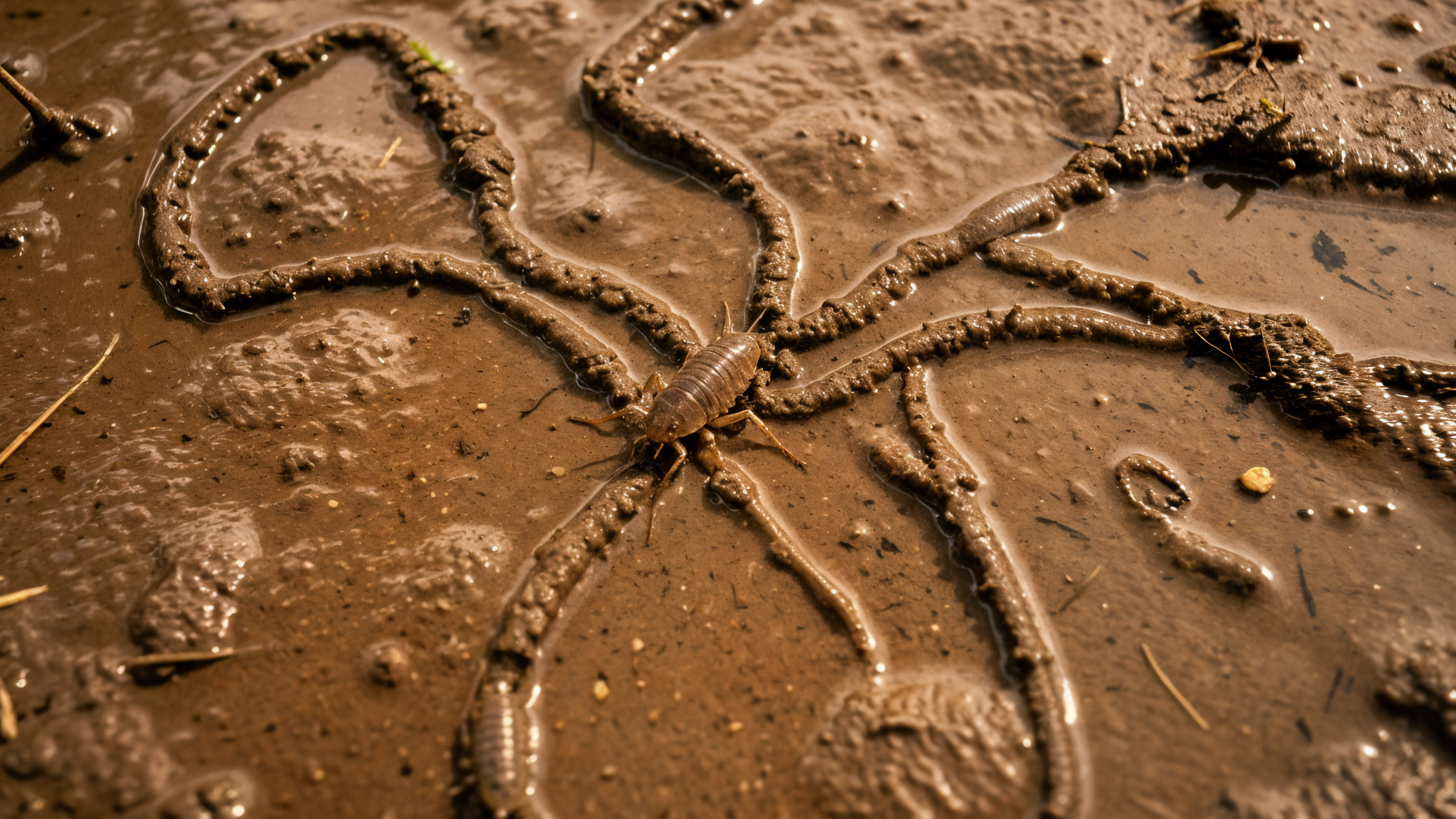 Triops tadpole shrimp swimming through muddy pool bottom, creating visible trails in the wet sediment