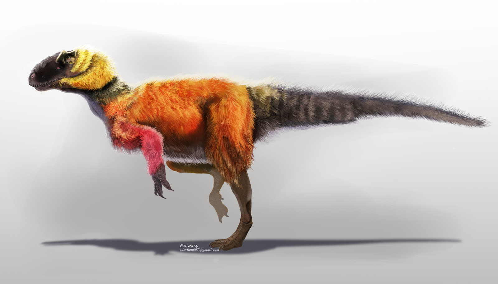 Life restoration of Yutyrannus huali, the feathered tyrannosaur relative with orange plumage and a dark banded tail